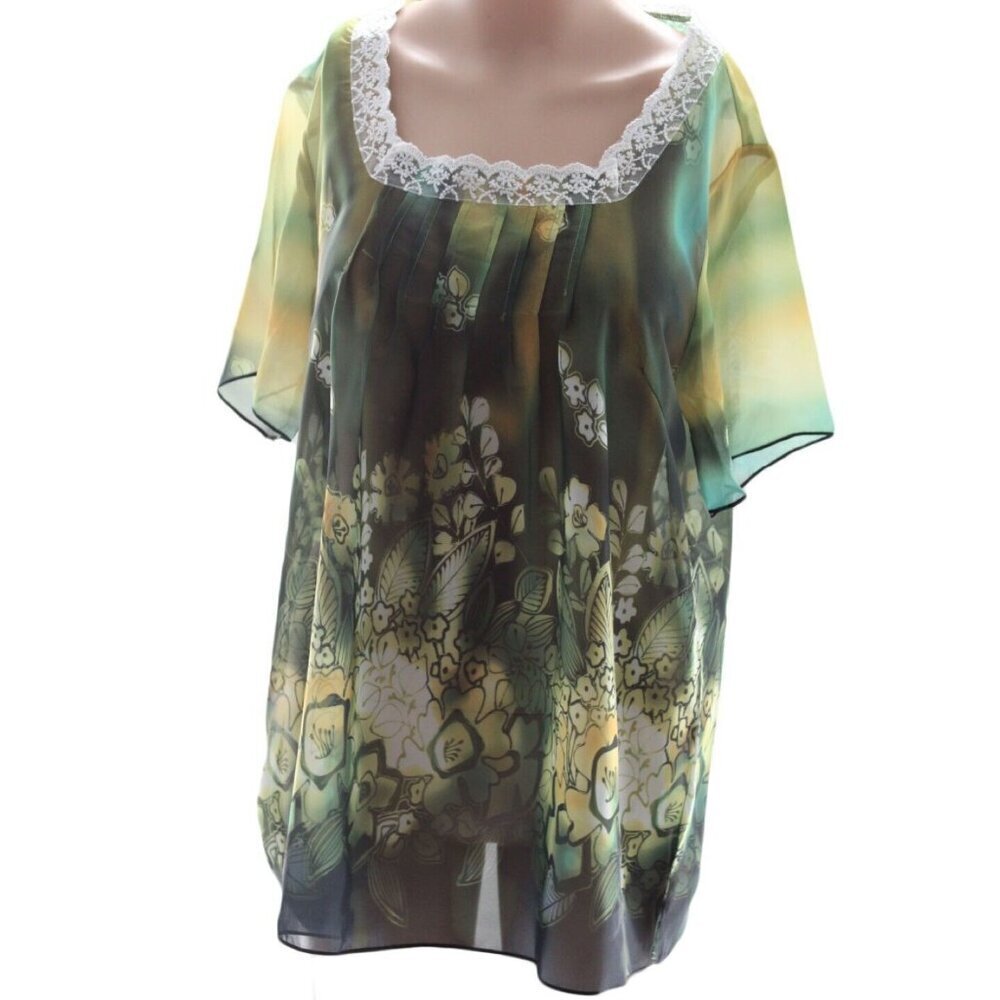 Lian Kiu Women’s Green Sheer Lace Trimmed Square Neck Floral Blouse Size M/L